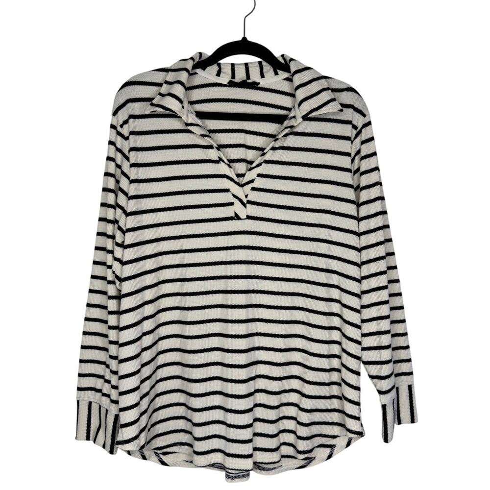 Jane and Delancey Black and White Striped V-Neck Long Sleeve Blouse Size 1X